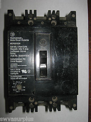 Westinghouse MCP03150R Motor Circuit Protector, 3 Pole, 15 Amp, Used